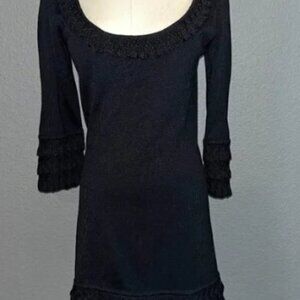 Temperley London LBD Little Black Dress with knit ruffle neck hem sleeves EUC 6